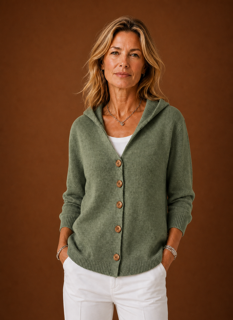 Front view of Areleon women's hooded button-up cardigan showing hood and button-front closure