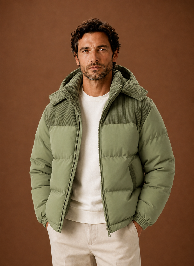Men's Hooded Winter Puffer Jacket with Corduroy Collar | Areleon