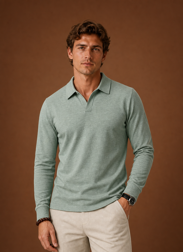 Front view of men's polo shirt showing classic collar and button placket in green