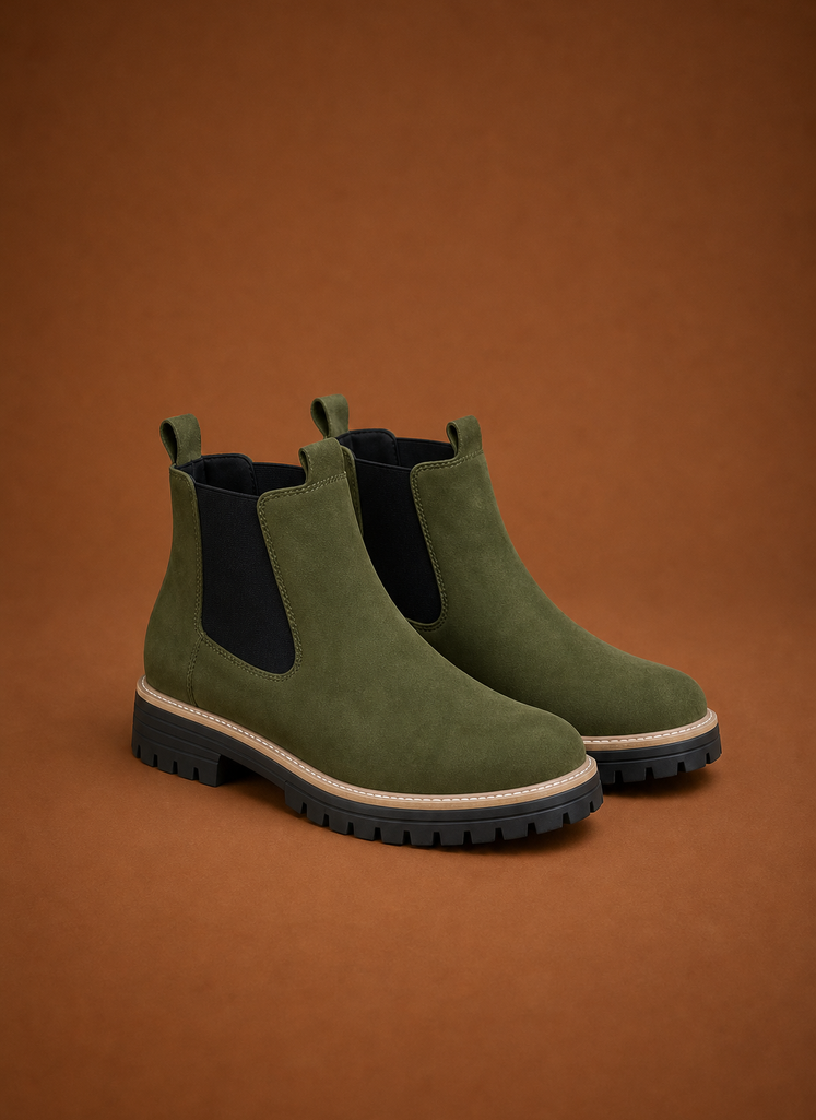 Front view of women's Chelsea boots showing toe and lug sole