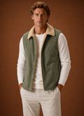 Front view of men's sherpa-lined corduroy vest on a neutral background showing sleeveless gilet silhouette