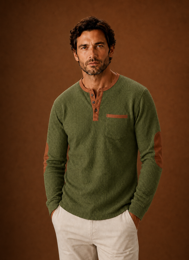 Front view of men's waffle-knit Henley long-sleeve shirt on a plain background