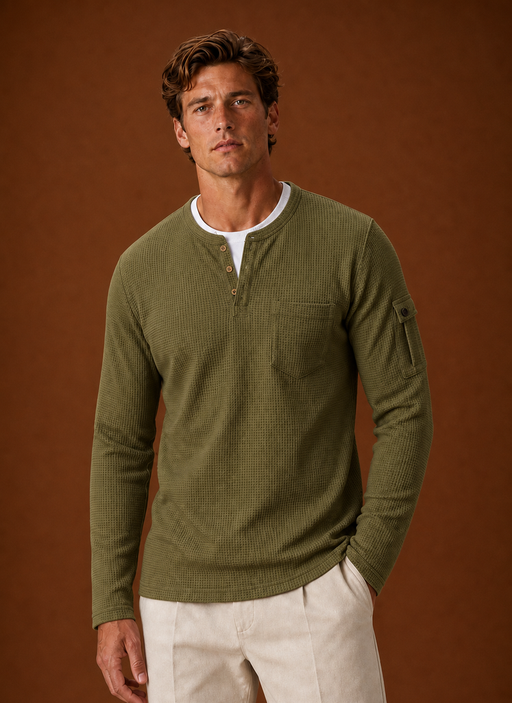 Front view of the men's Henley shirt showing the button placket and crew neckline