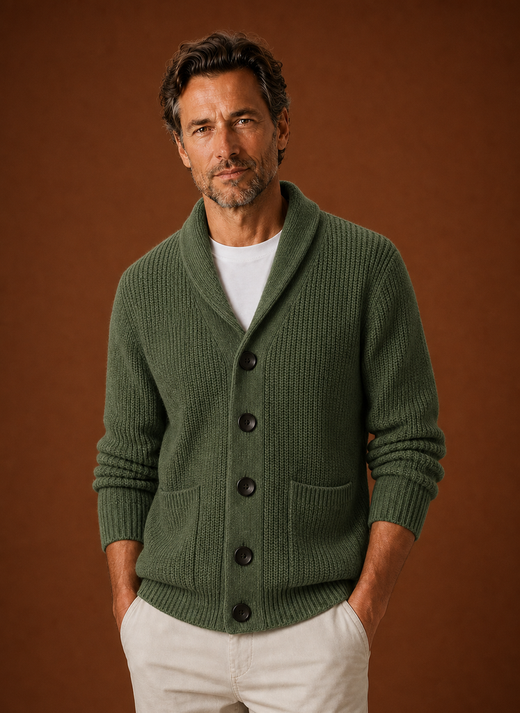 Front view of men's shawl collar cardigan showing the shawl neckline and front silhouette