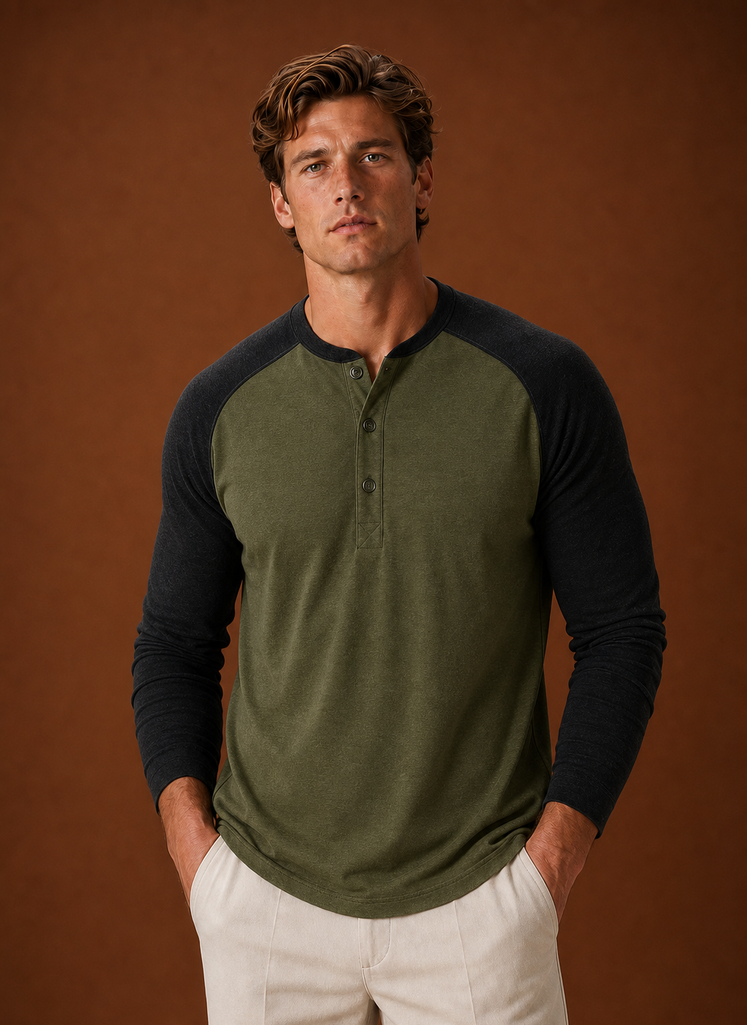 Front view of Areleon men's Henley shirt showing button-placket neckline and clean silhouette