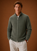 Front view of Areleon men's full-zip knit cardigan on a mannequin