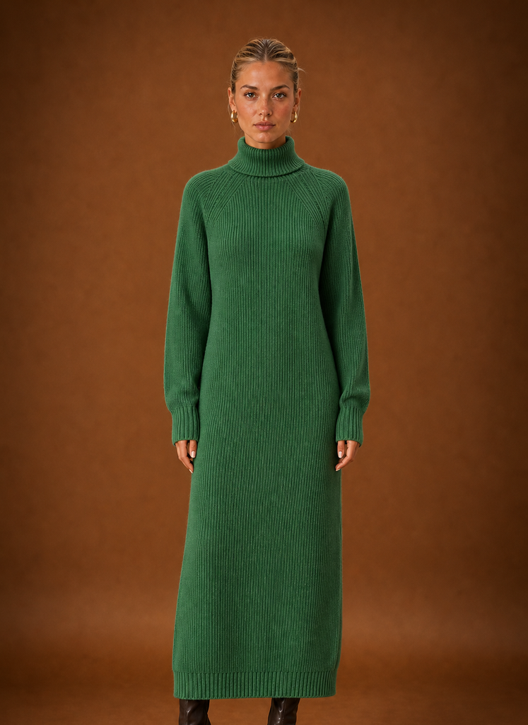 Front view of women's turtleneck ribbed knit maxi sweater dress on a mannequin