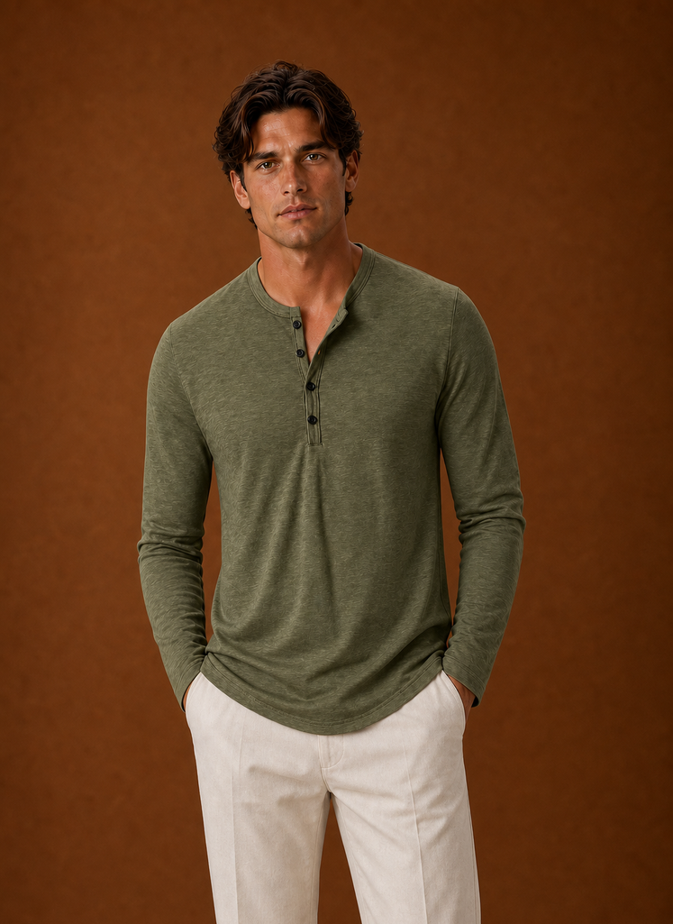 Front view of the Areleon men's Henley shirt showing the Henley neckline and button placket