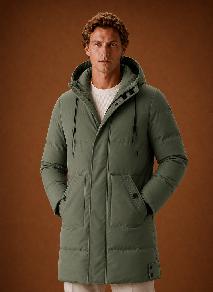 Front view of men's hooded puffer parka jacket in grey showing puffer channels and attached hood