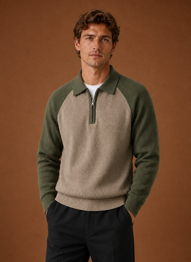 Front view of men's half-zip knit sweater on a mannequin