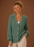 Front view of women's V-neck knit cardigan with button-front closure on a mannequin