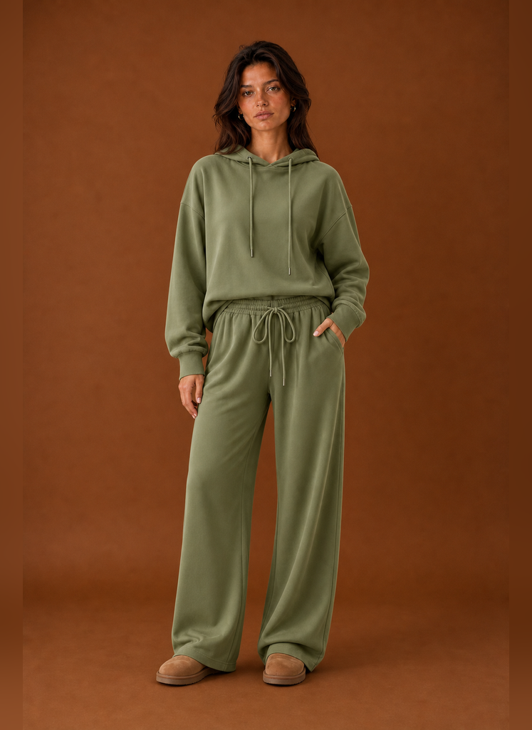 Front view of a women's two-piece sweatsuit set showing sweatshirt and matching pants on a mannequin