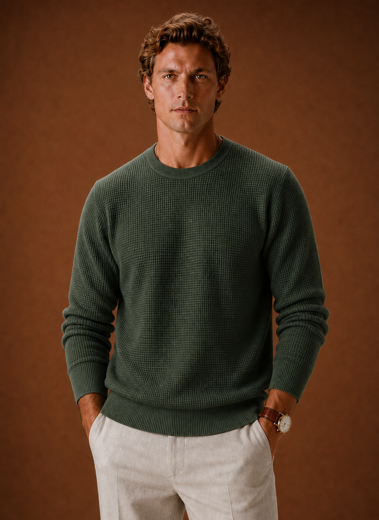 Front view of Areleon men's waffle knit crew neck sweater showing textured waffle stitch and crew neckline