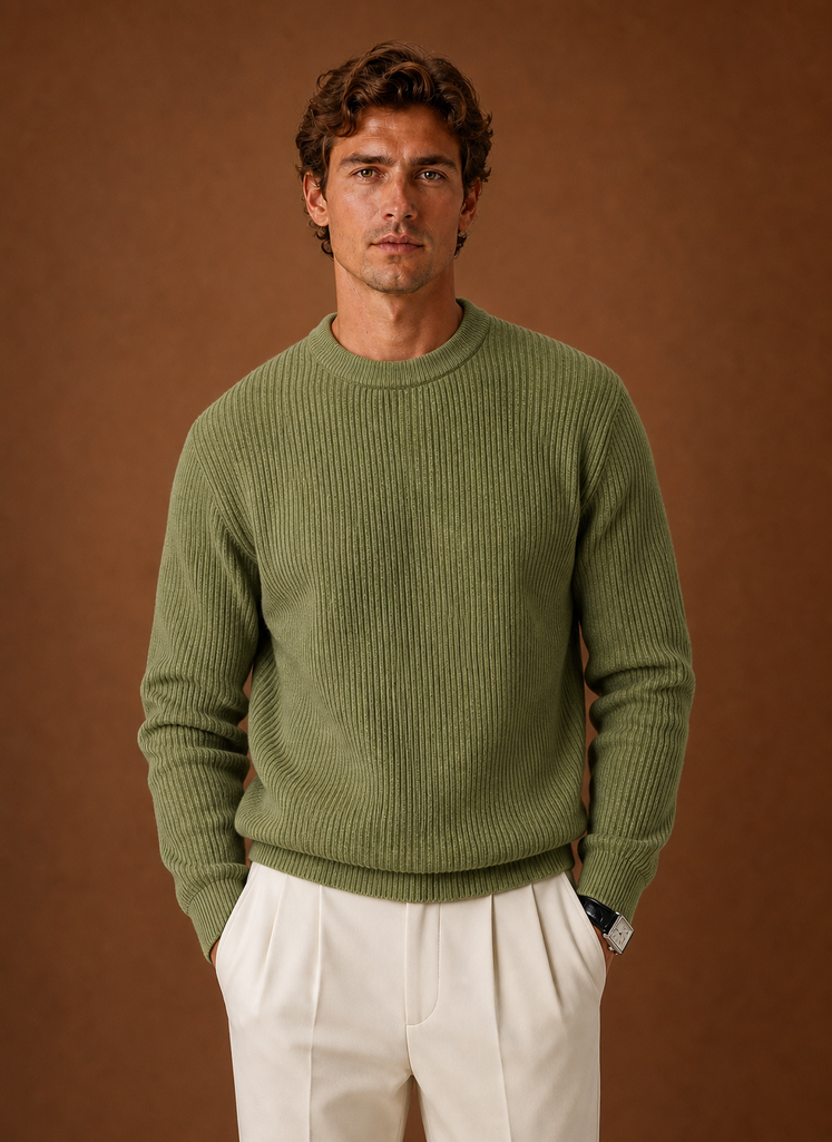 Front view of men's ribbed crew neck sweater on mannequin