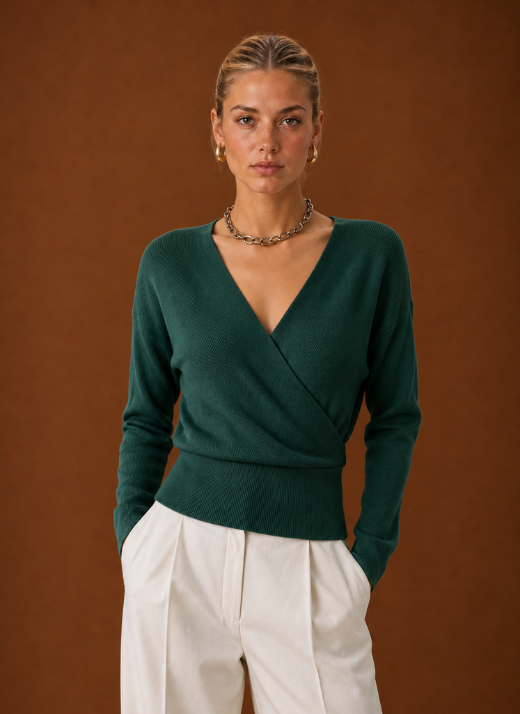 Front view of women's cropped wrap sweater with V-neck and tied waist