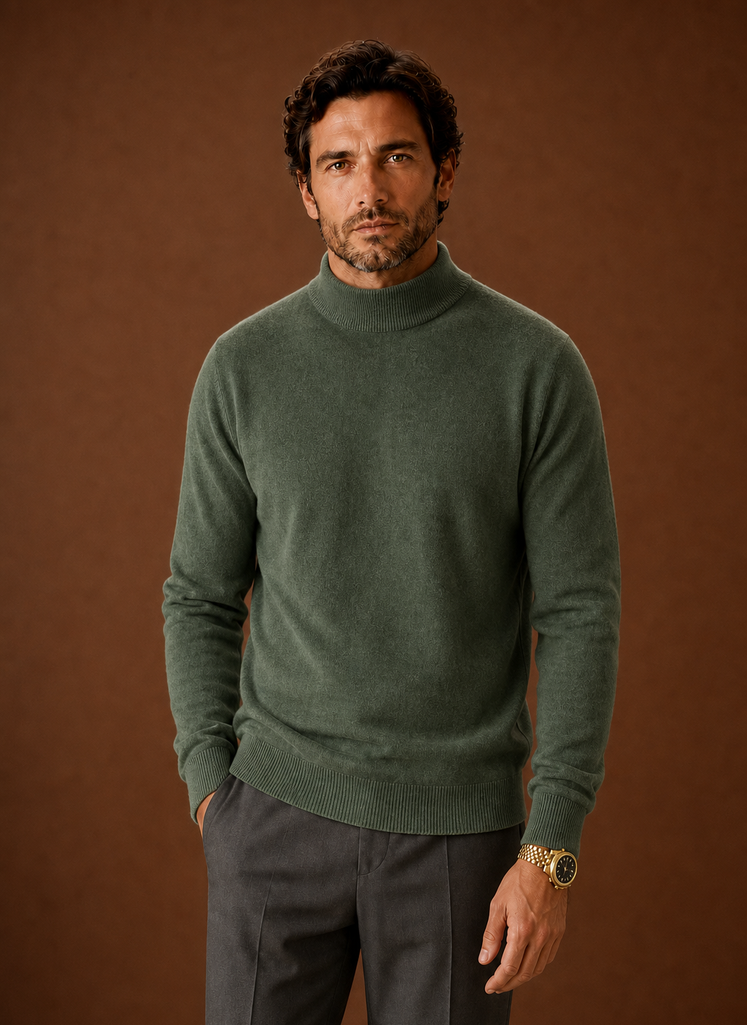 Front view of the Areleon mock neck sweater on a mannequin