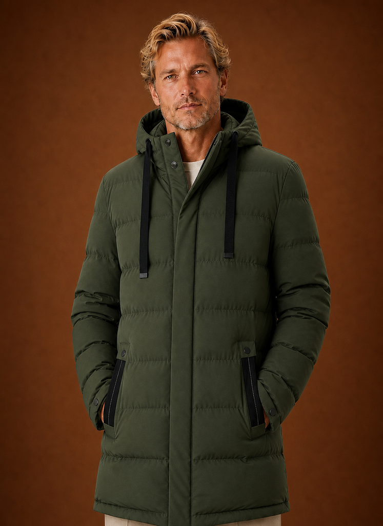 Front view of the men's long hooded puffer jacket on a mannequin