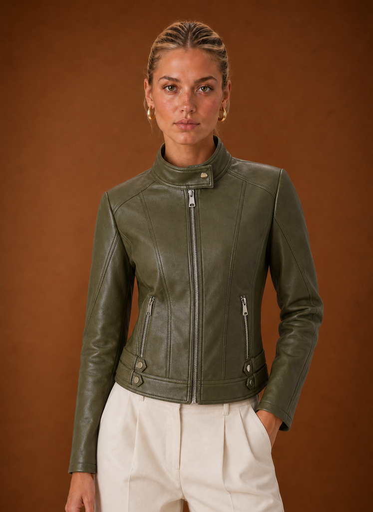 Front view of women's moto jacket on a mannequin showing a slim silhouette and clean lines