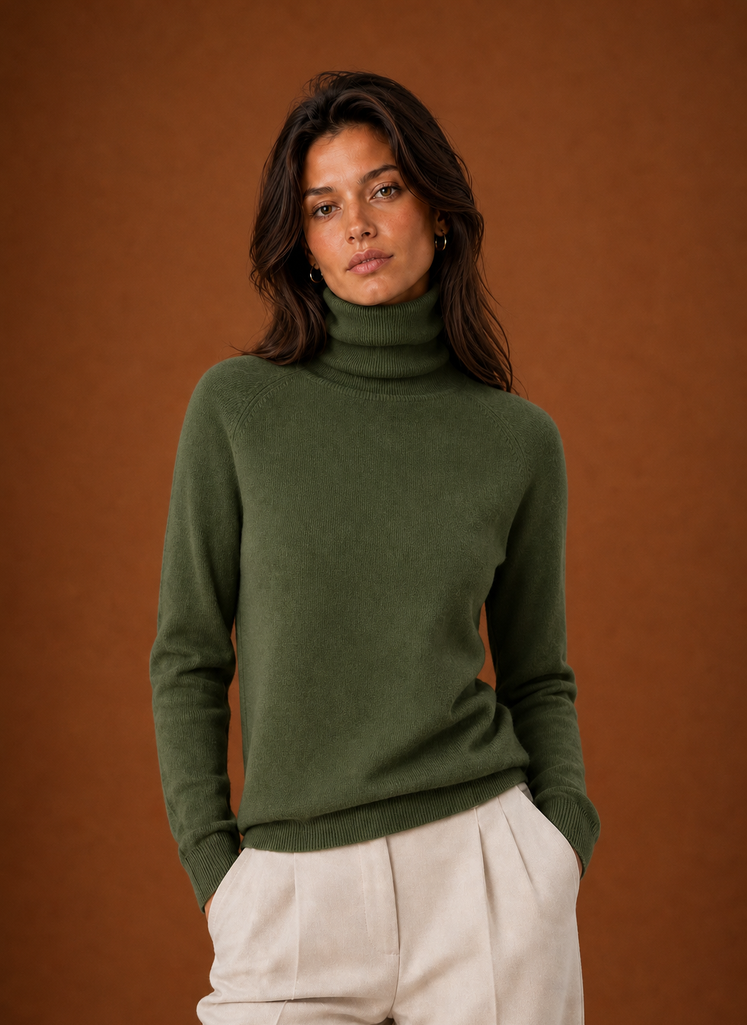 Front view of women's turtleneck sweater on neutral background