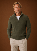 Front view of the Areleon men's full-zip ribbed knit cardigan
