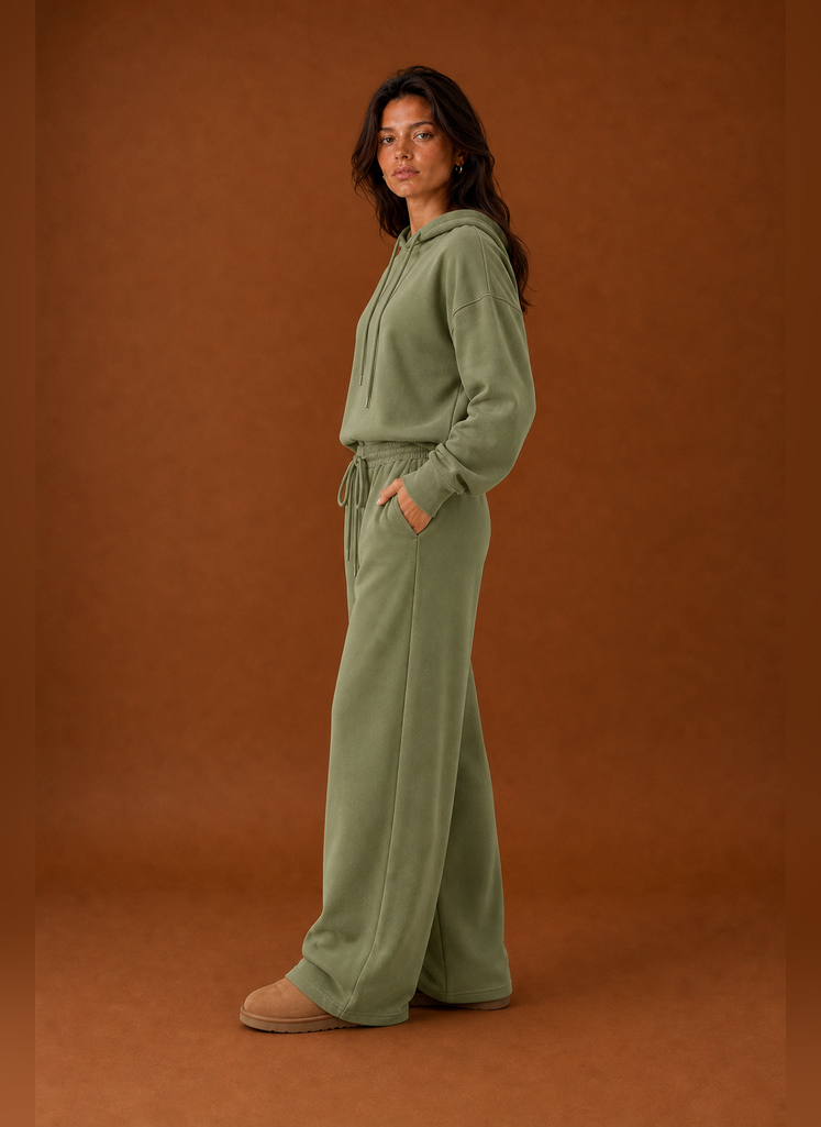 Side view of a women's sweatsuit highlighting the tracksuit silhouette and pant profile