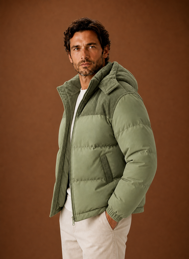 Men's Hooded Winter Puffer Jacket with Corduroy Collar | Areleon