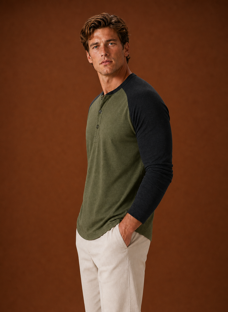Side profile of the Henley shirt displaying sleeve fit and shoulder seam