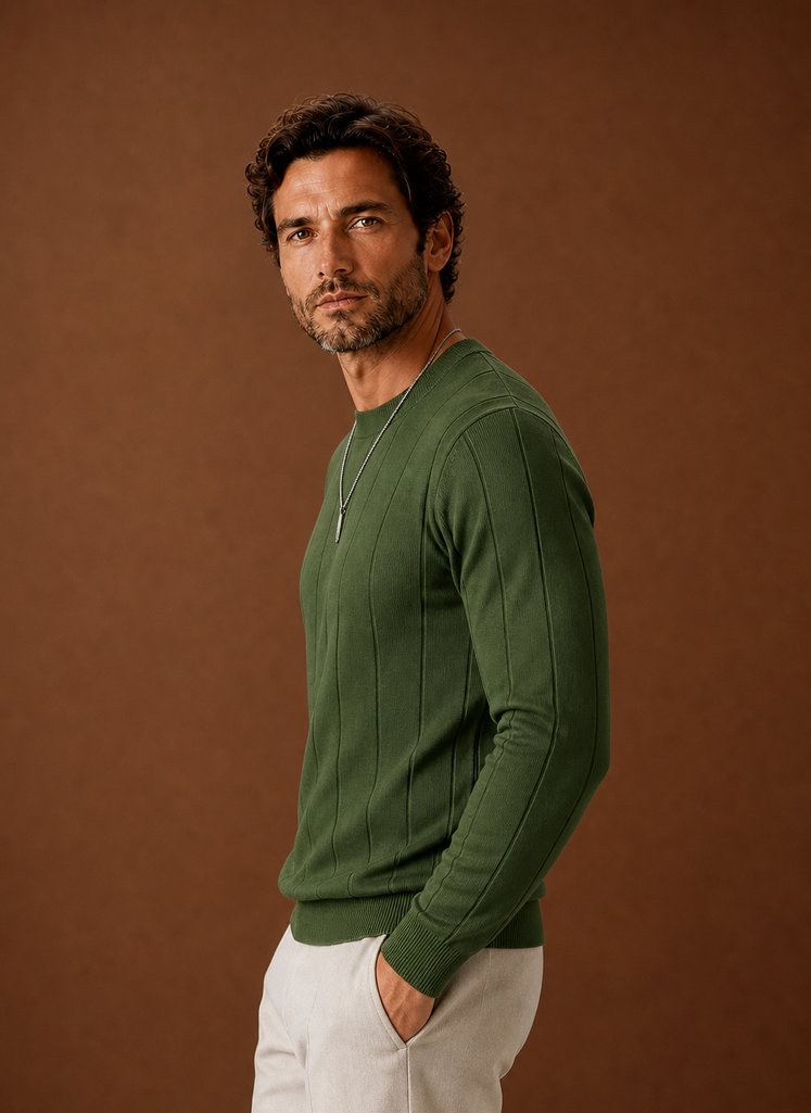 Side view of crew neck sweater in brown showing slim silhouette