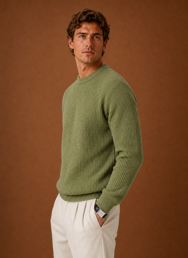 Side profile of men's ribbed crew neck sweater showing sleeve and shoulder fit