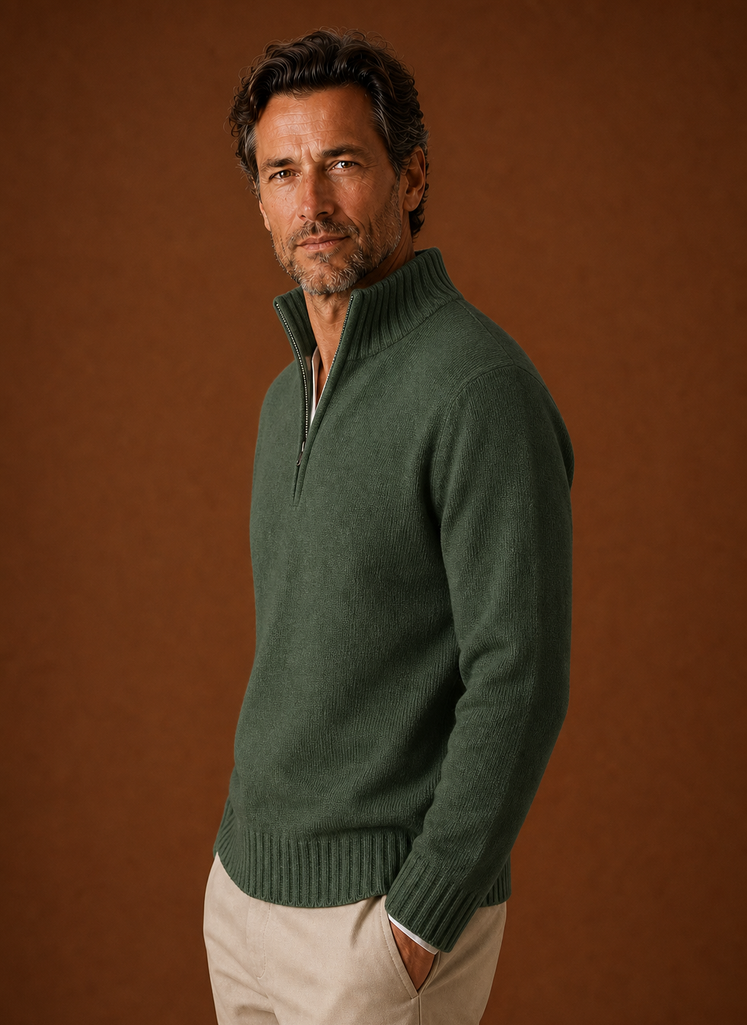 Side profile of Areleon men's half-zip knit sweater showing neckline and sleeve