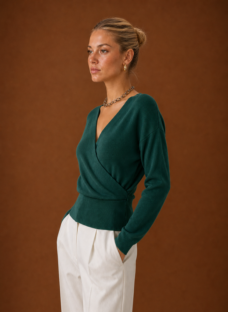 Side view showing cropped silhouette and tie-waist detail