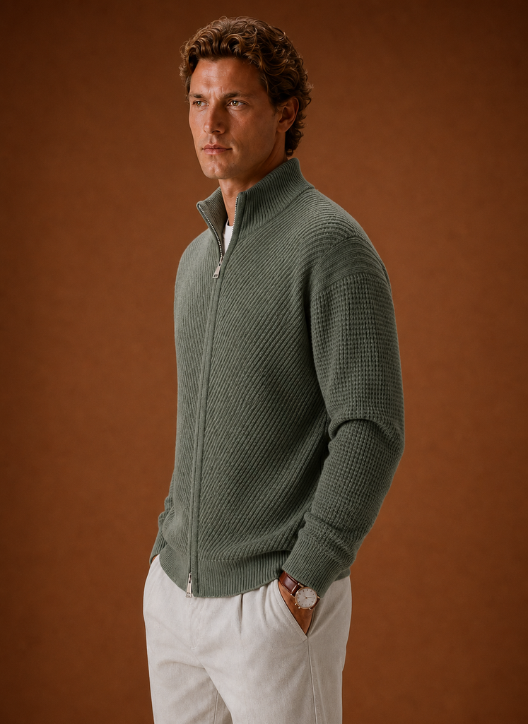 Side view showing profile and zip detail of the Areleon men's knit cardigan
