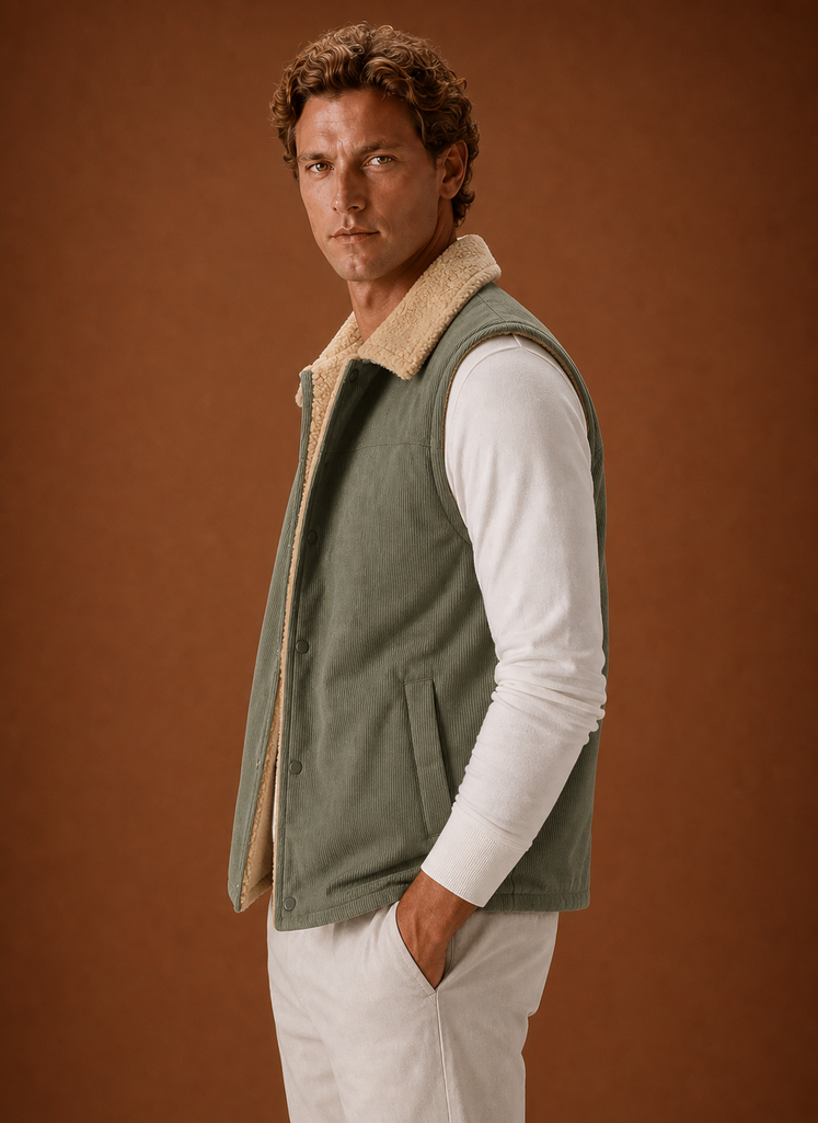 Side view of men's sherpa-lined vest highlighting the profile and arm opening
