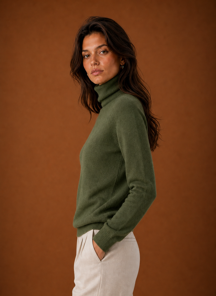 Side view showing the turtleneck and sleeve profile of the sweater