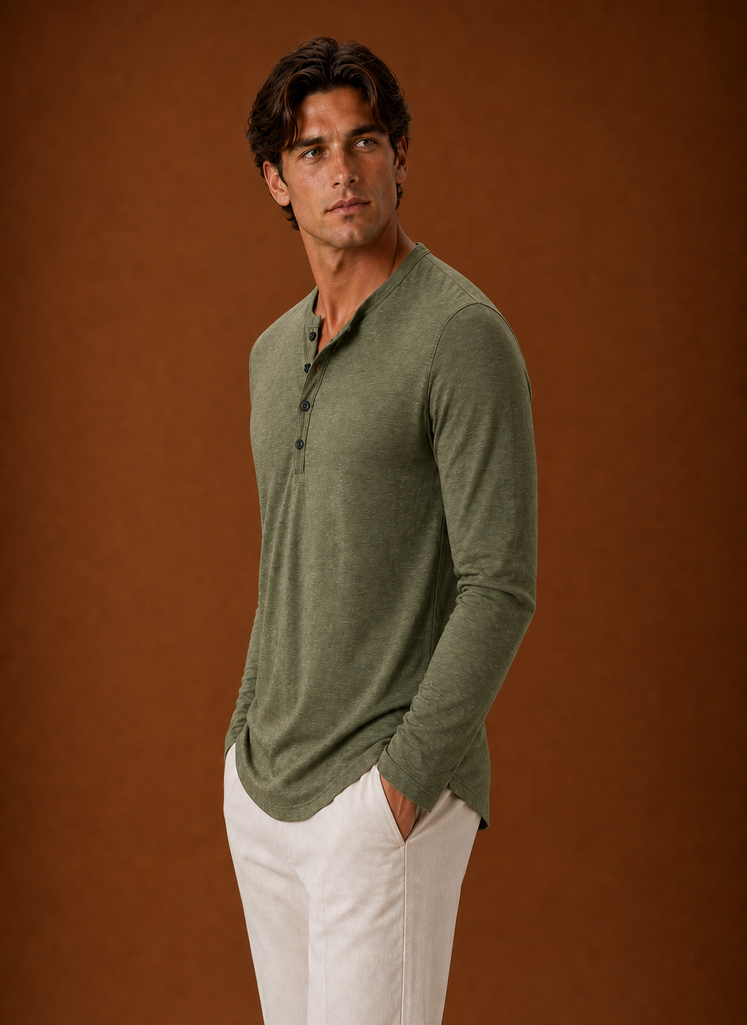 Side profile of the men's Henley shirt displaying the silhouette and sleeve shape
