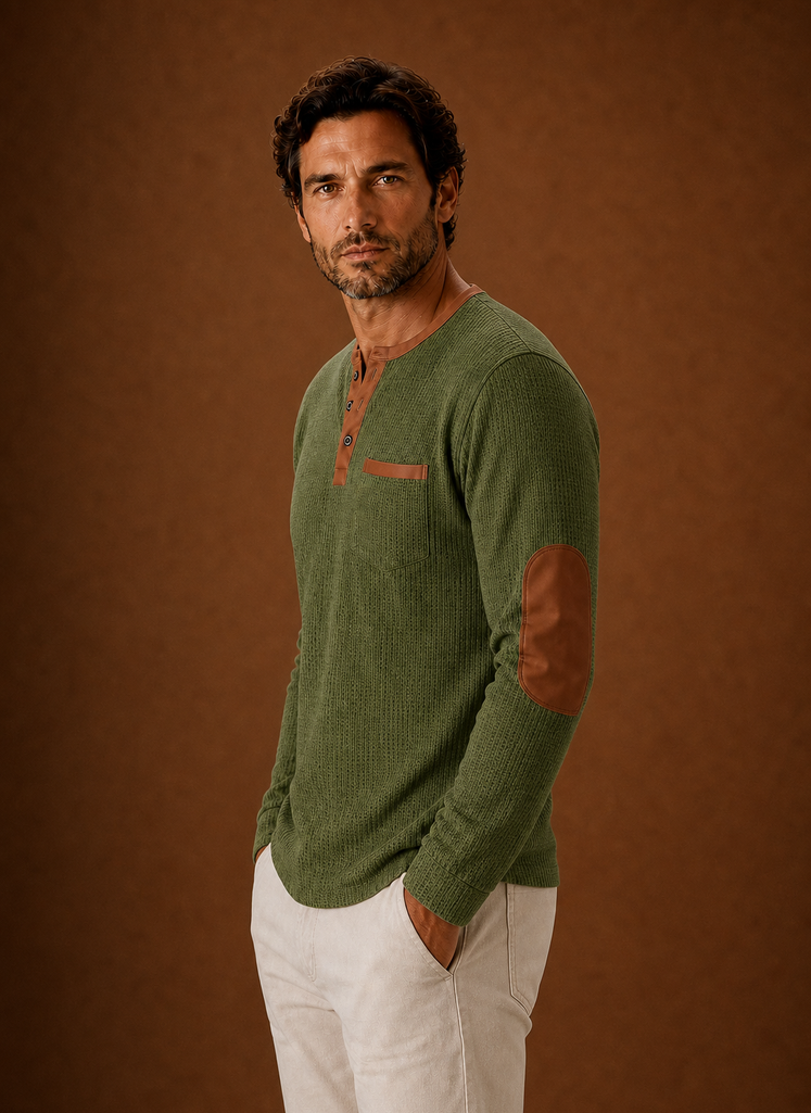 Side view showing fit and long sleeve of men's waffle-knit Henley shirt