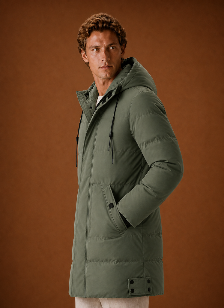 Side profile of men's hooded puffer parka jacket highlighting the silhouette and hood