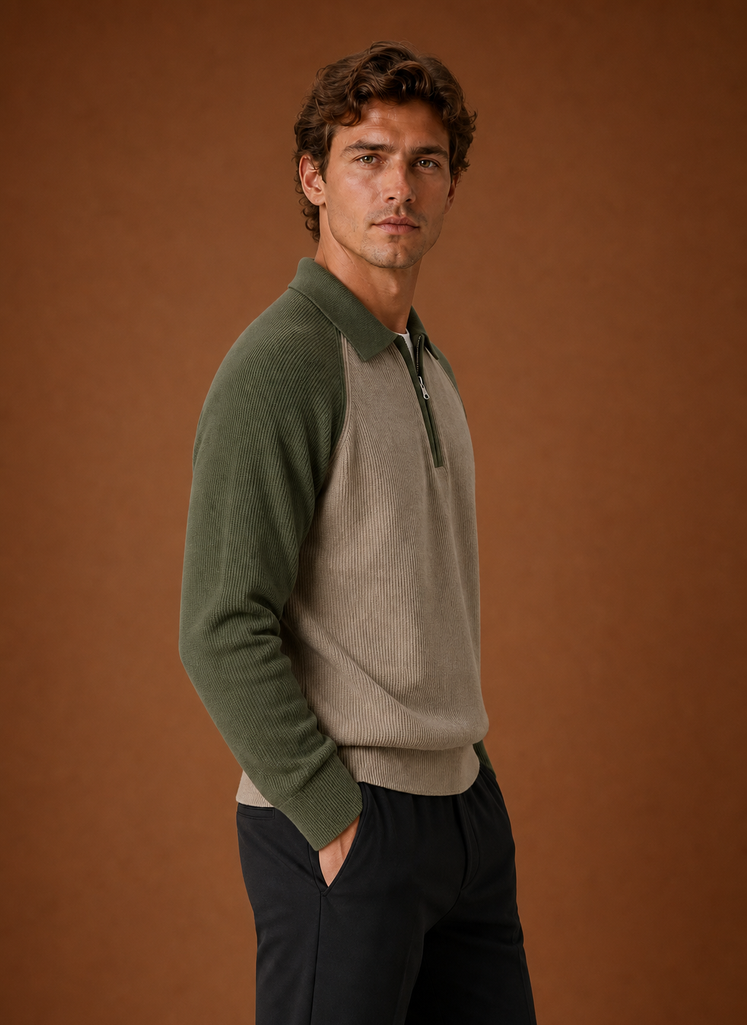 Side profile of men's half-zip knit sweater showing the zip neckline and sleeve fit