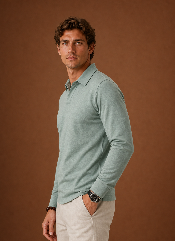Side view of men's polo shirt displaying sleeve silhouette and straight hem in grey