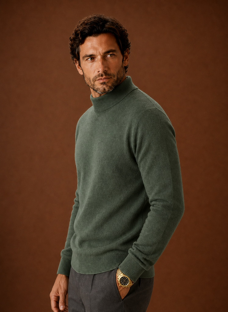 Side view of the mock neck sweater showing the neckline and sleeve silhouette