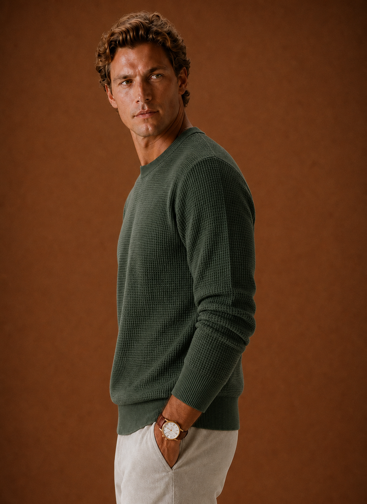 Side view of Areleon men's waffle knit crew neck sweater showing sleeve silhouette and fit