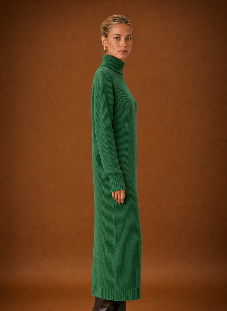 Side view of the turtleneck ribbed knit maxi dress showing the full-length silhouette