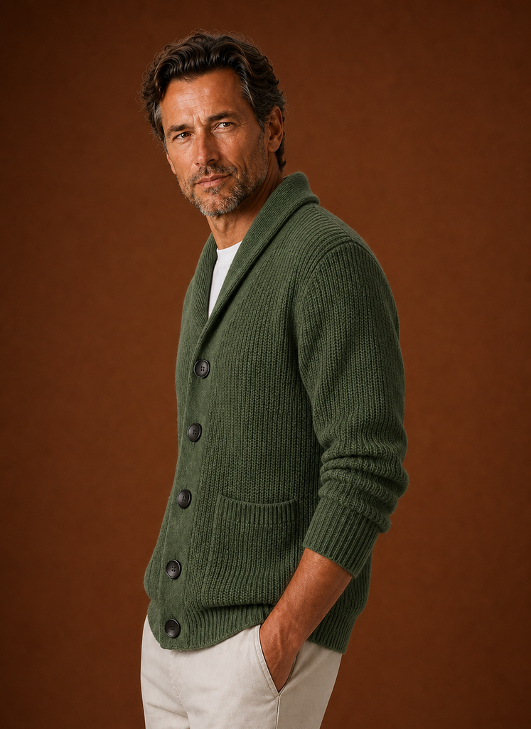Side profile of men's shawl collar cardigan showing sleeve shape and fit