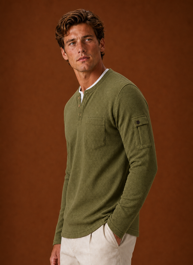 Side view of the Henley shirt showing profile and sleeve fit