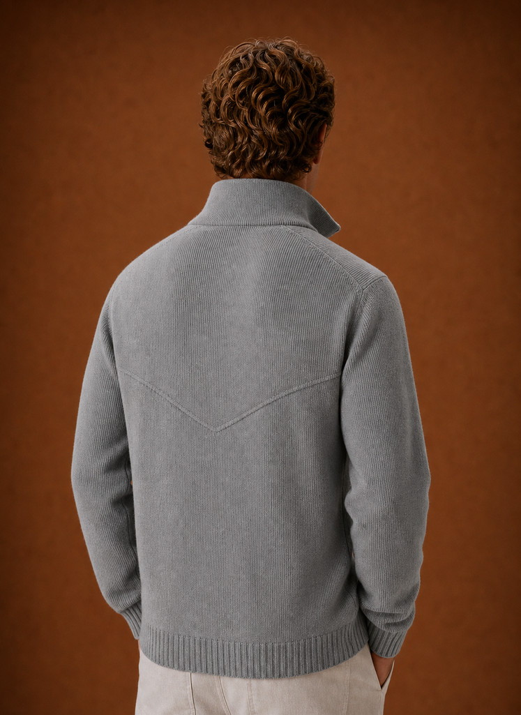 Back view of men's full-zip knit cardigan jacket in navy displaying a clean silhouette