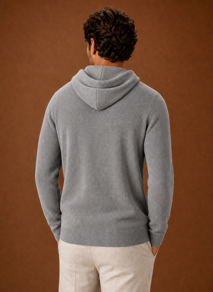 Back view of Areleon men's knit hoodie with hood down