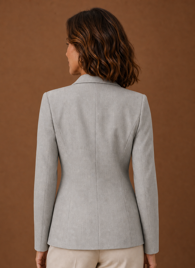 Back view of women's tailored blazer highlighting clean lines and tailored shape