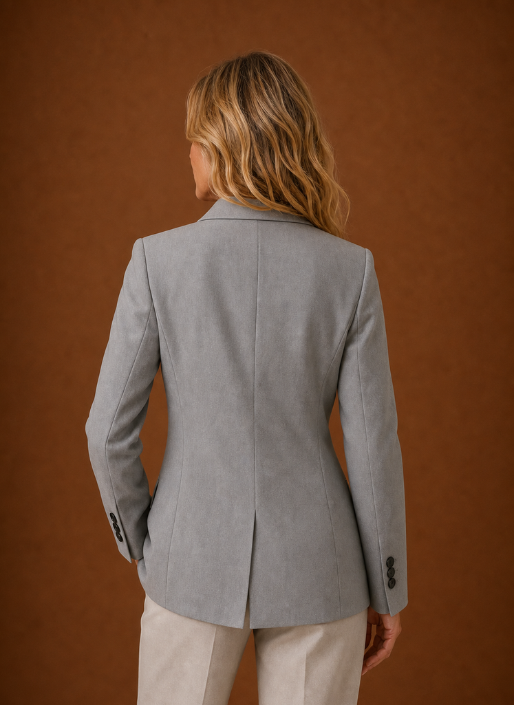 Back view of women's blazer showing streamlined construction and length