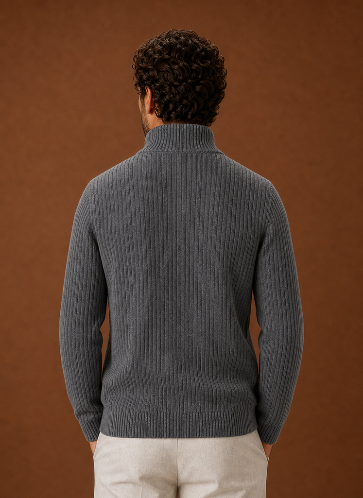Back view of Areleon men's ribbed knit full zip sweater