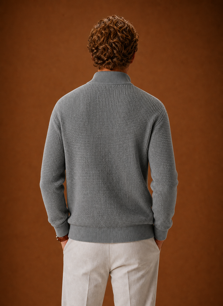 Back view of Areleon men's knit cardigan on a mannequin
